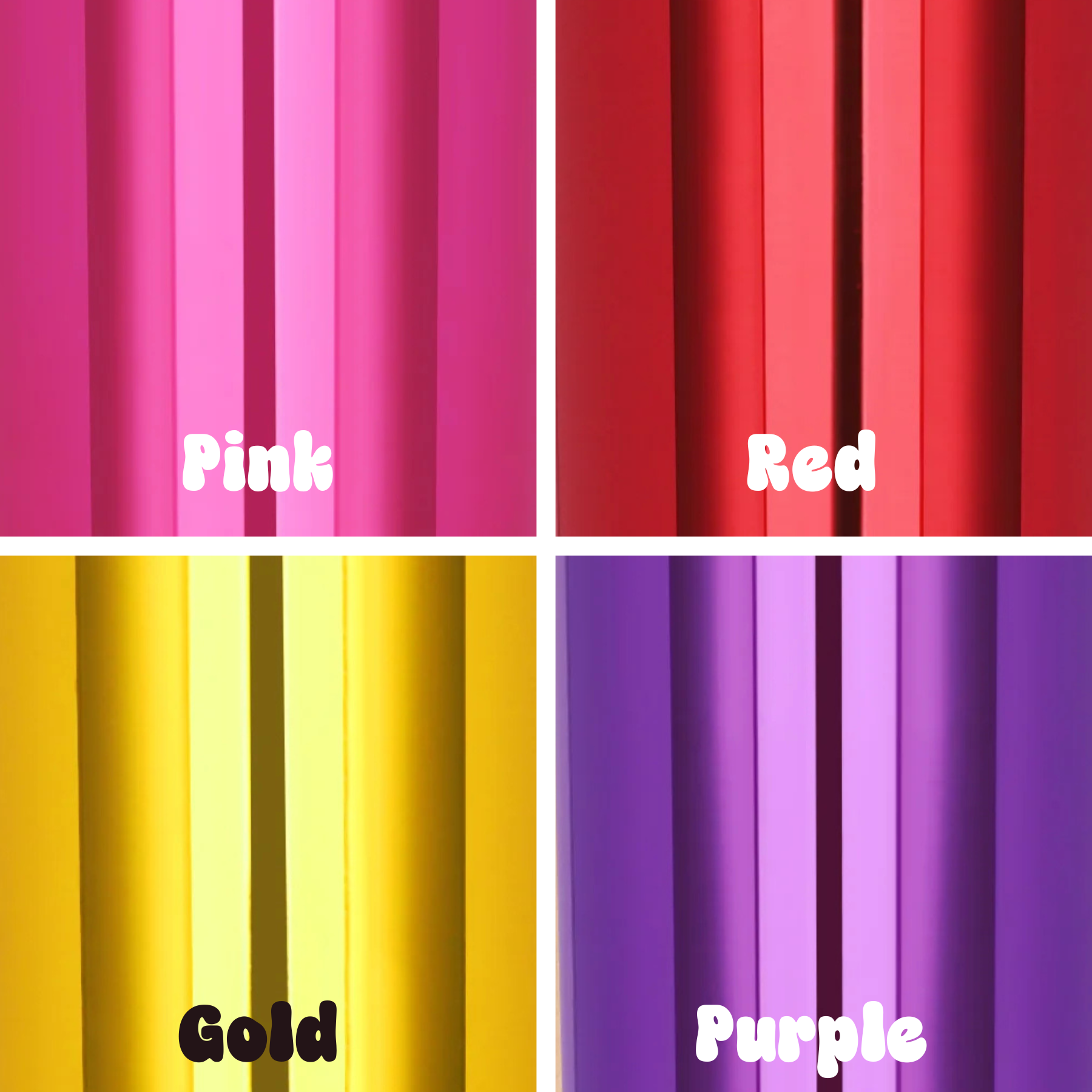 A four-panel color chart showing chrome vinyl options labeled Pink, Red, Gold, and Purple, with white text on each panel.