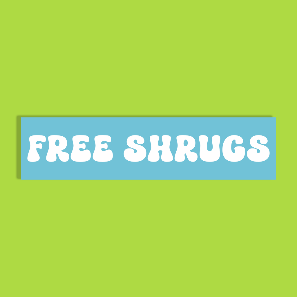 A rectangular light blue background with the words 'FREE SHRUGS' in large white bubble letters, centered on a bright lime green background.