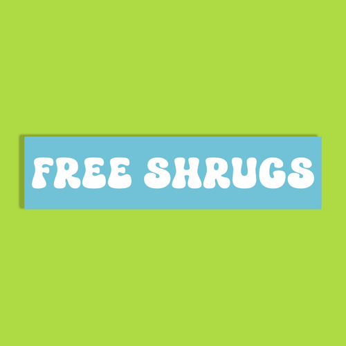 A rectangular light blue background with the words 'FREE SHRUGS' in large white bubble letters, centered on a bright lime green background.