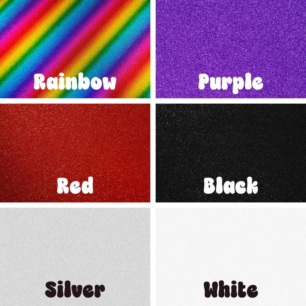 A 3x3 color options grid showing glitter textures with labels: Rainbow with diagonal rainbow stripes, Purple, Red, and Black, plus Silver and White in the bottom row. This is an auxiliary color-reference image rather than a direct product photo.