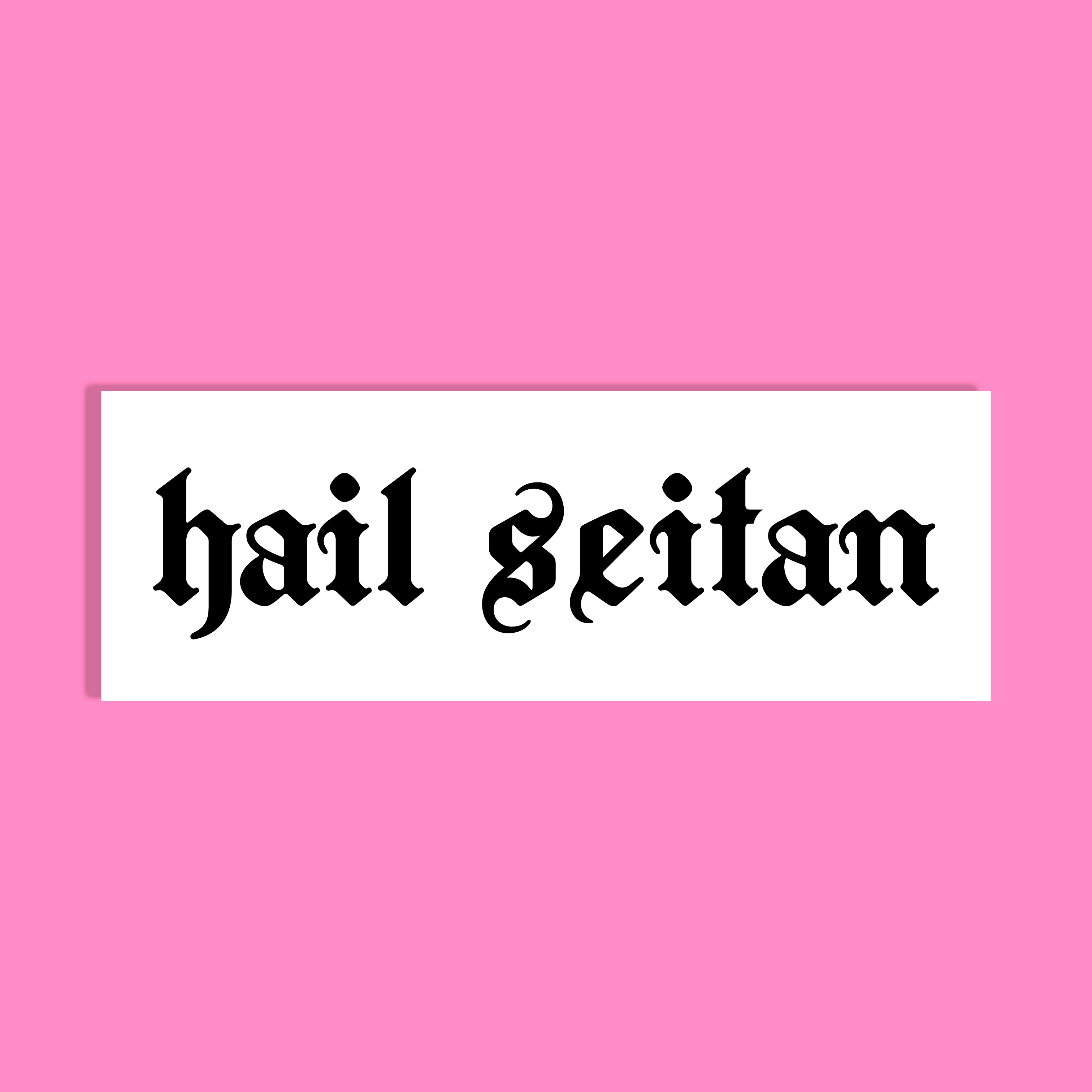 A rectangular white background with the phrase 'hail seitan' in black gothic-style lettering, centered on a solid pink background.