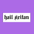 A white rectangular sticker or sign with the phrase 'hail seitan' in black gothic-style lettering, centered on a solid purple background.