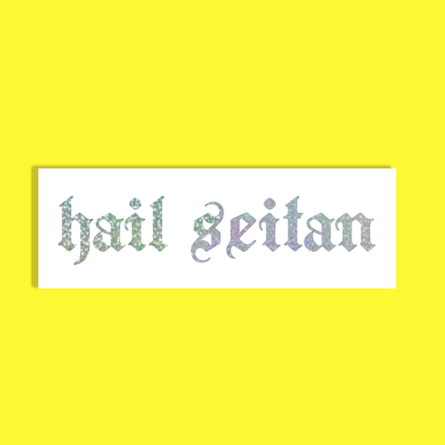 A rectangular white background with the phrase 'hail seitan' in a decorative, textured silver and iridescent font, centered on a solid bright yellow background.