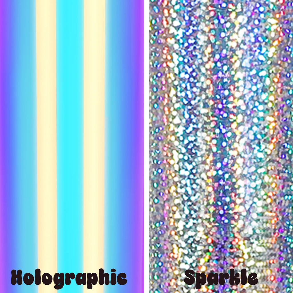 A side-by-side comparison of two vinyl finishes: on the left, a vertical striped holographic material showing blue, yellow, and purple iridescent bands labeled 'Holographic'; on the right, a close-up of a sparkly silver glitter material labeled 'Sparkle'.