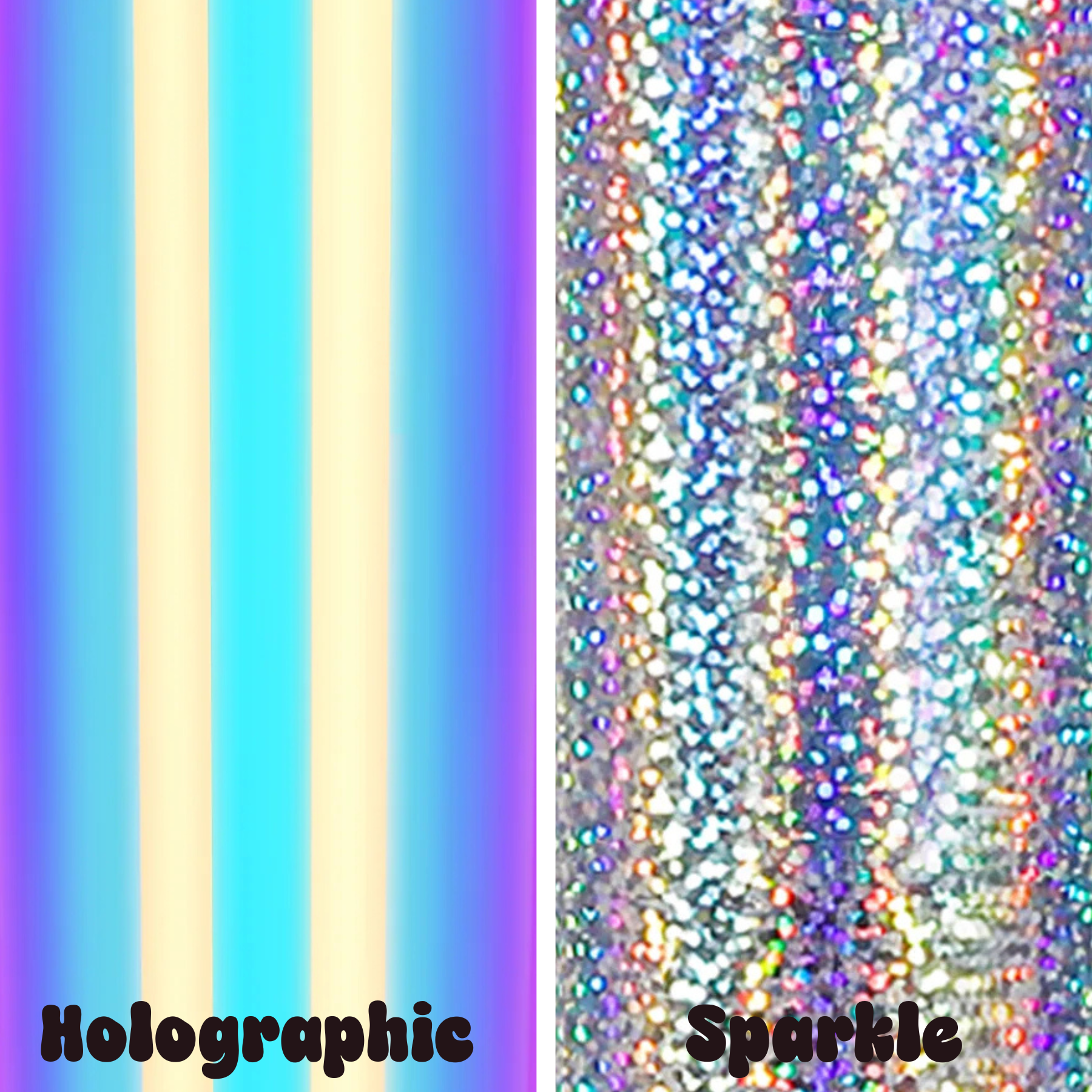 A side-by-side comparison of two vinyl finishes: on the left, a vertical striped holographic material showing blue, yellow, and purple iridescent bands labeled 'Holographic'; on the right, a close-up of a sparkly silver glitter material labeled 'Sparkle'.