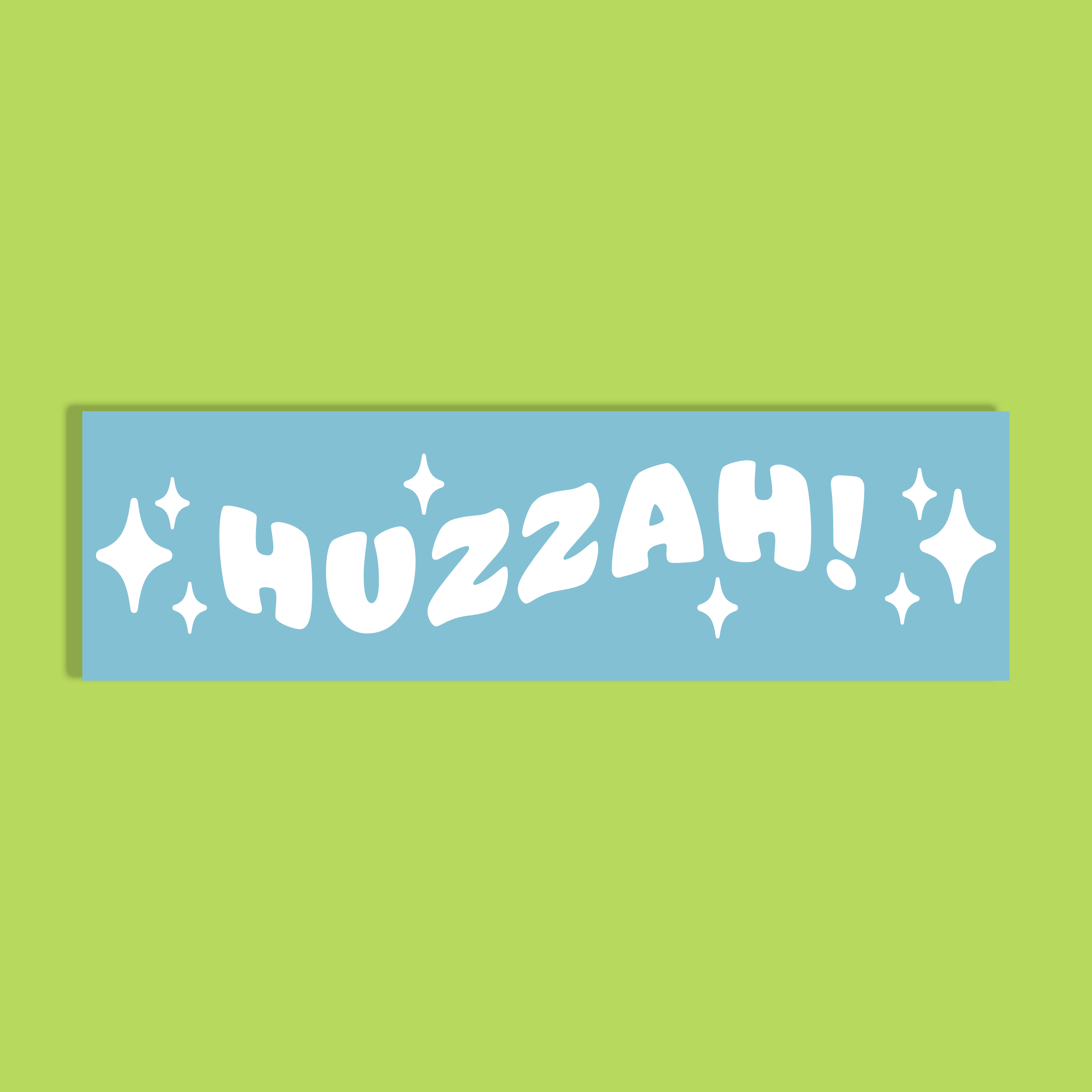 A rectangular light blue background with the word 'HUZZAH!' in bold white letters and white sparkle graphics, shown on a bright lime green background.