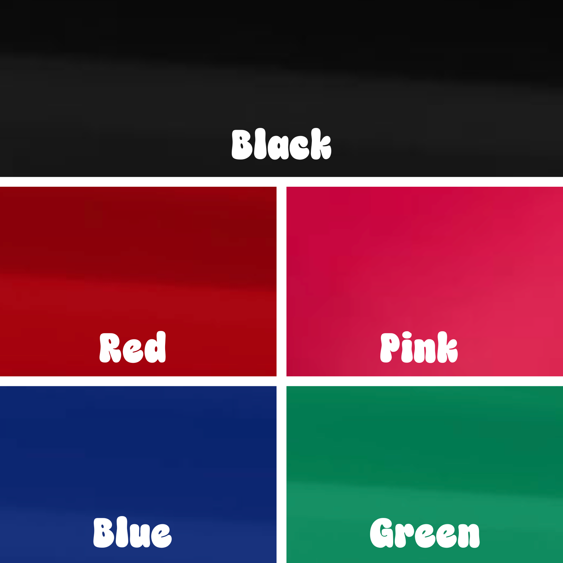 A color swatch chart showing five color options labeled Black, Red, Pink, Blue, and Green in a grid with white labels.